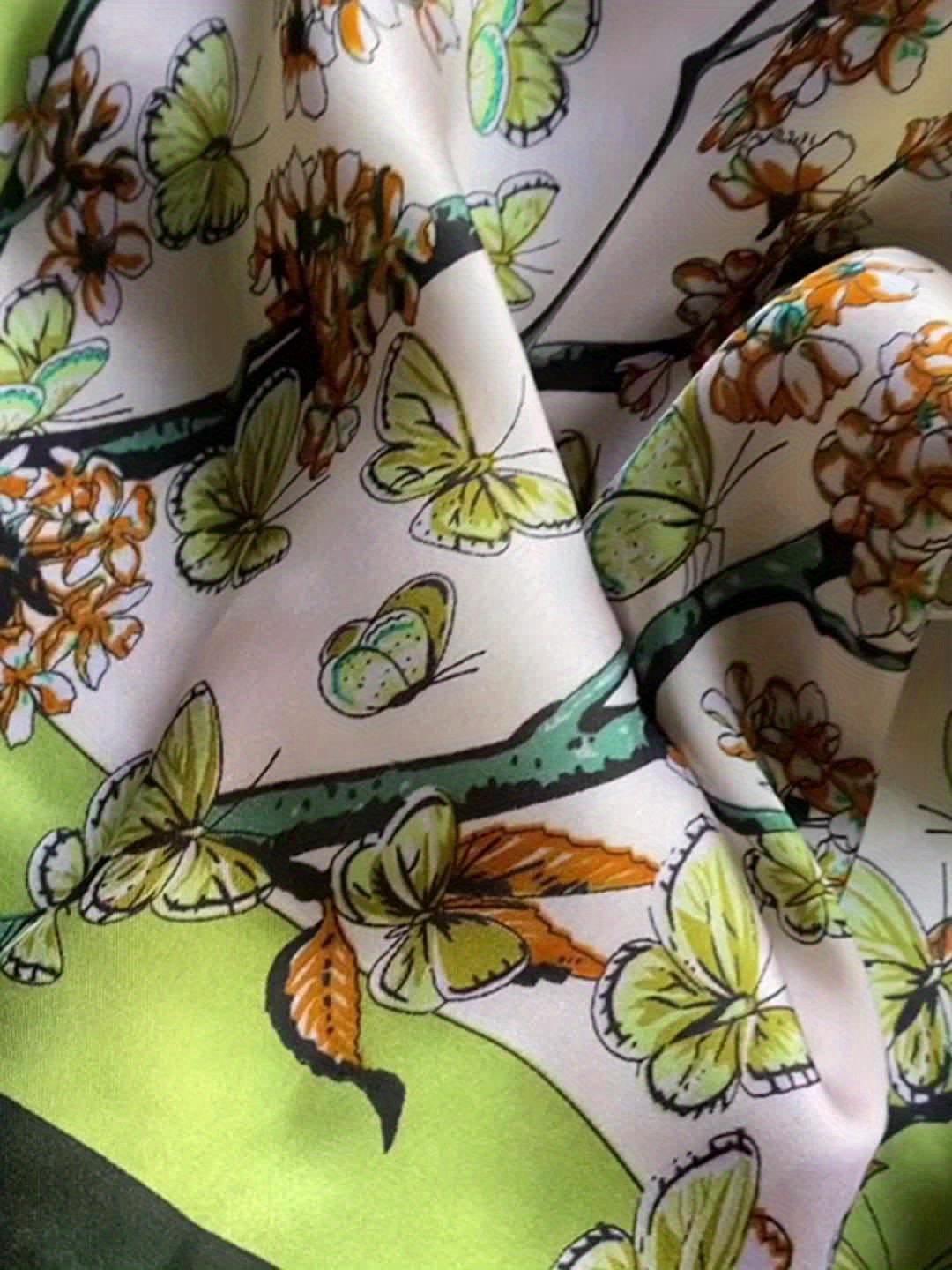 Foulard carré de luxe imprimé plante verte papillon, Style élégant, foulard fin et soyeux, foulard de protection solaire pour l'extérieur, printemps et été