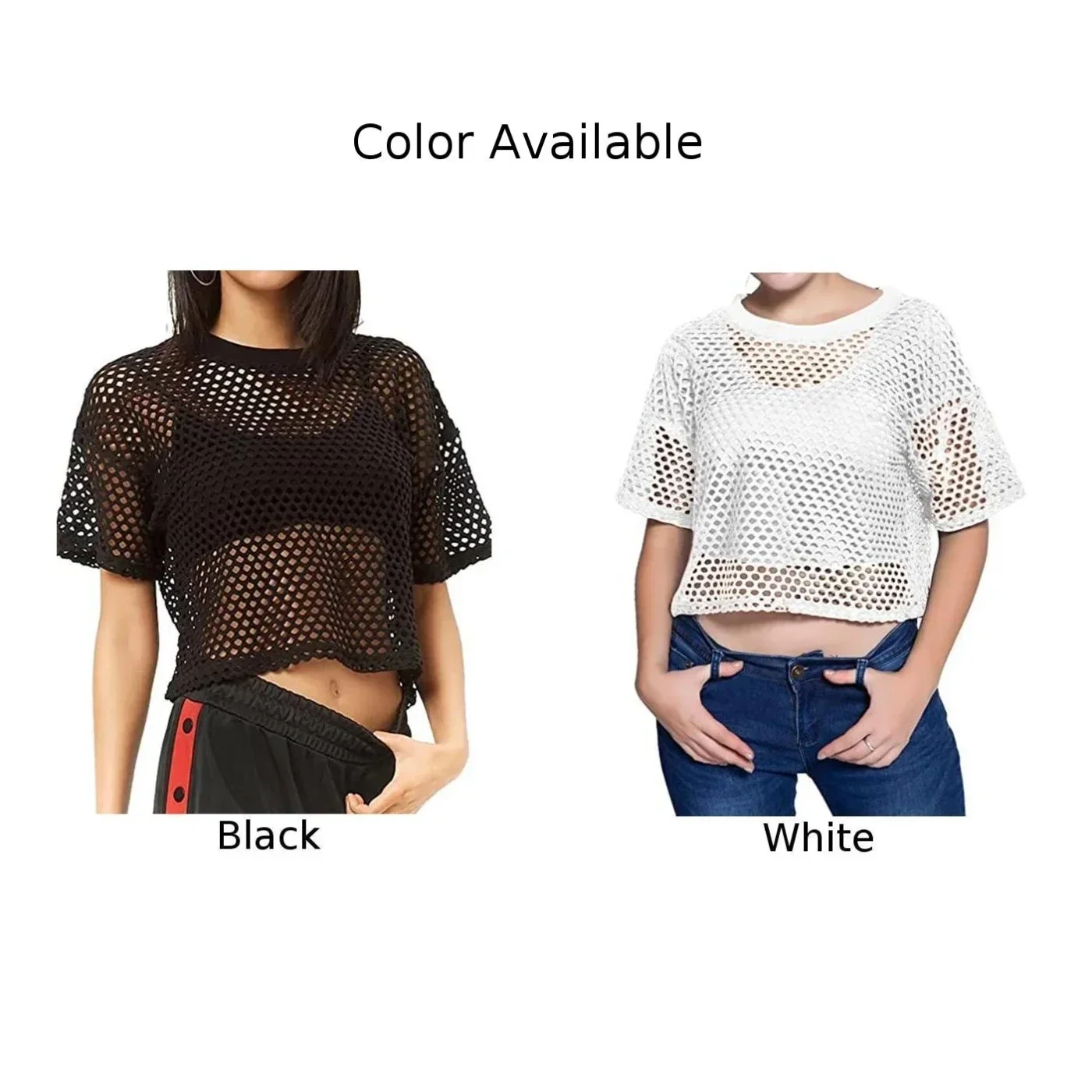 Mode dame résille Transparent culture hauts T-shirt pour femmes été à manches courtes col rond solide T-shirt t-shirts vêtements féminins
