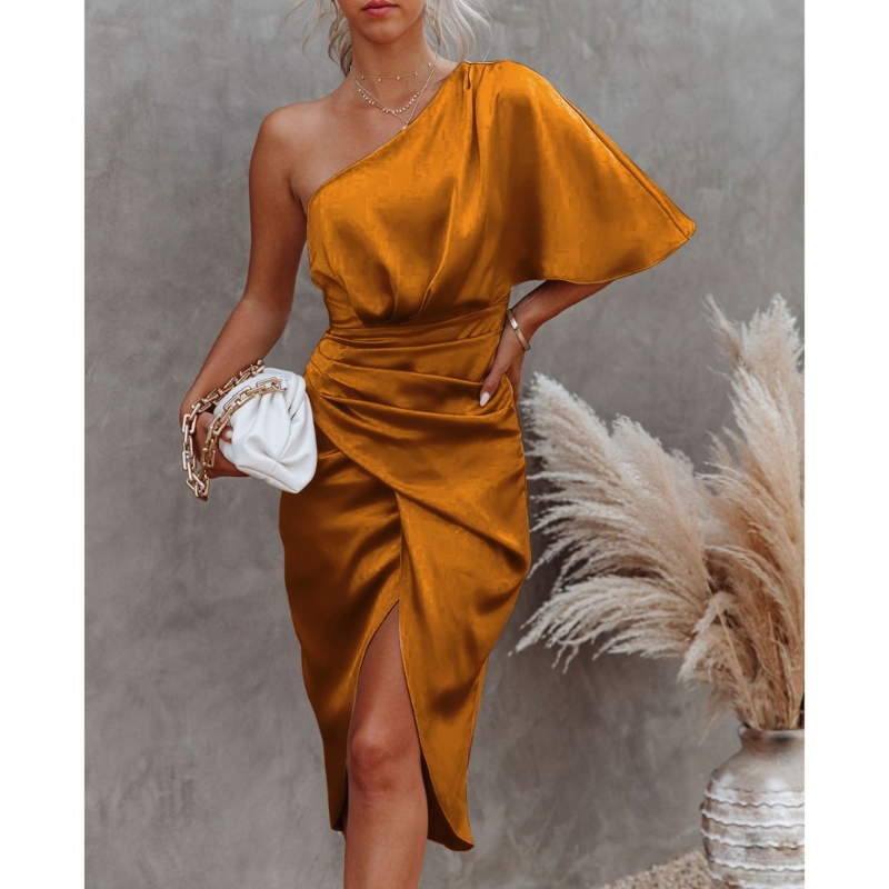 Robe longue froncée en Satin pour femmes, asymétrique, épaule dénudée, manches chauve-souris, moulante, mi-longue, asymétrique, portefeuille, robe de Cocktail