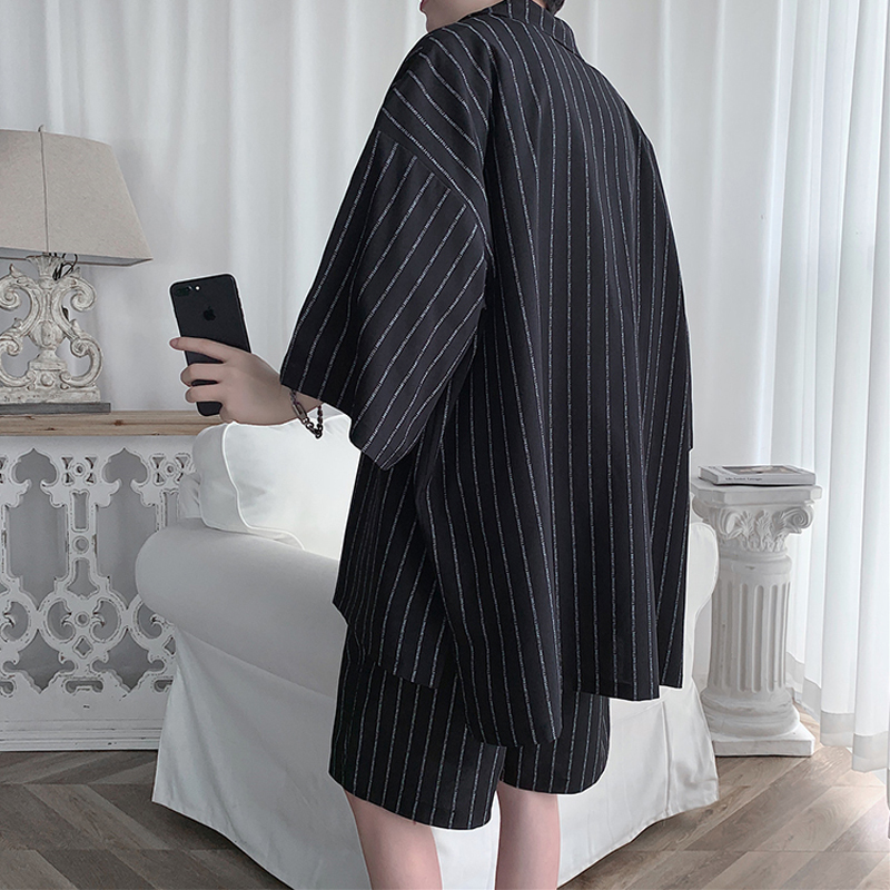 Veste et short de survêtement de Style coréen pour hommes, ensemble 2 pièces, costume de sport à rayures d'été, vêtements surdimensionnés légers 5XL