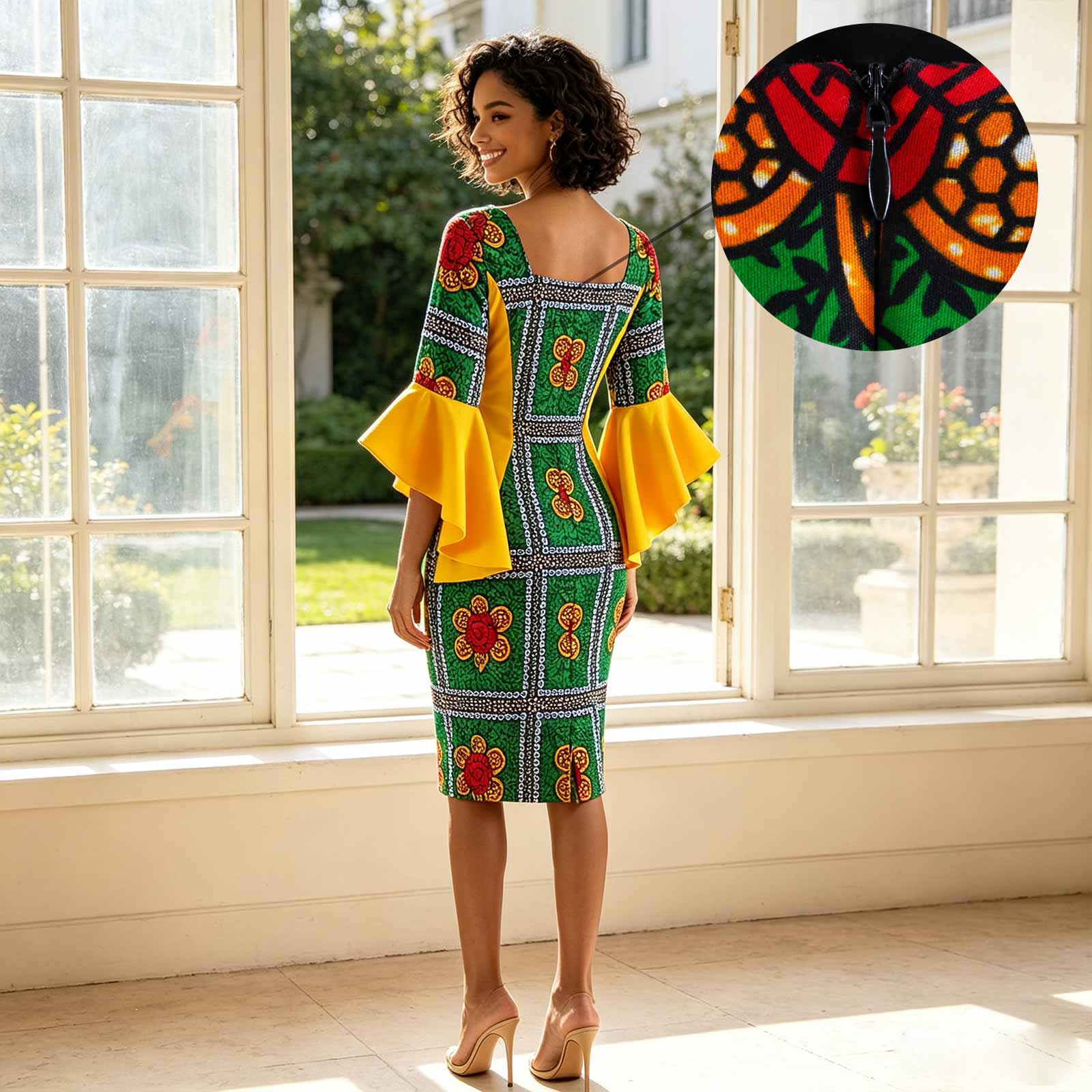 Robe moulante pour femme à manches évasées, col bateau, imprimé Ankara, style décontracté, vintage, formel, tenue africaine, en tissu Wax et Bazin Riche A2225013