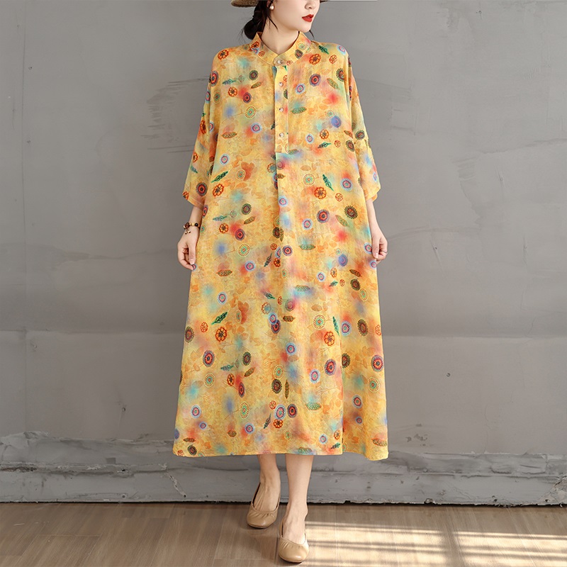 Robe longue ample en coton à imprimé floral vintage, nouvelle collection pour femme, tenue décontractée et élégante pour l'été 2026