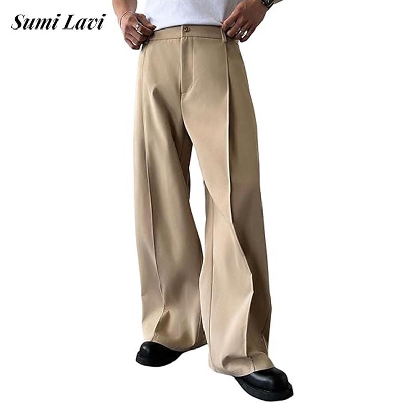 Pantalon décontracté pour homme, style streetwear, coupe ample, couleur unie, plissé, taille haute, droit, printemps-été