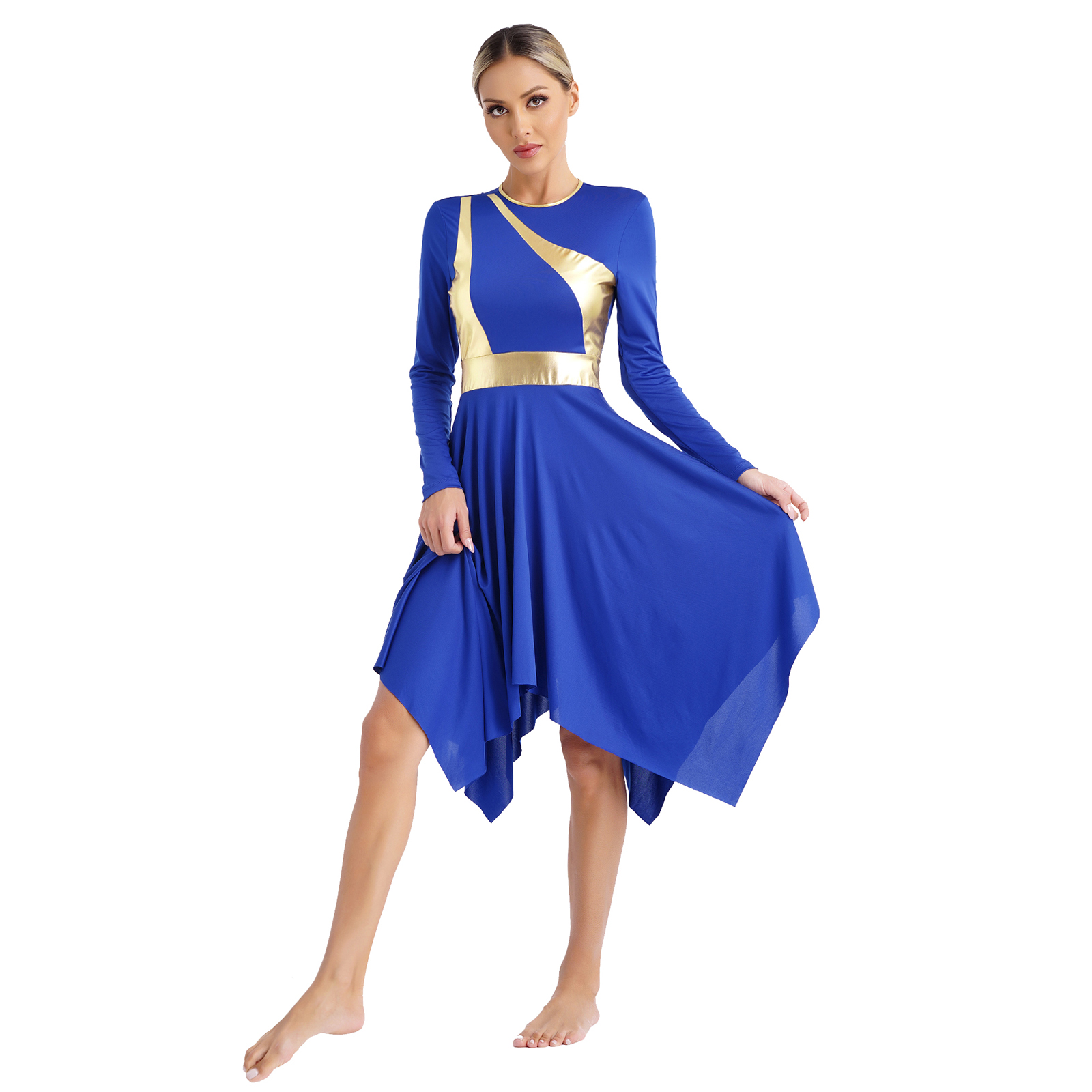 Robe liturgique pour femmes, sans manches, bloc de couleur métallique, Patchwork, Costume de danse lyrique, vêtements de danse