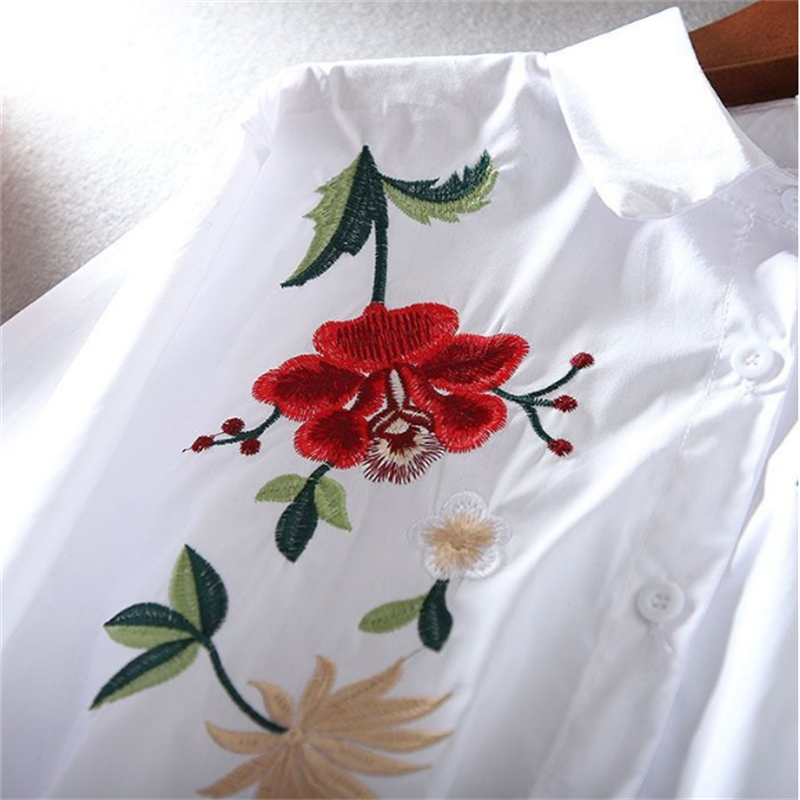 Chemise brodée pour femme, chemisier artistique blous rétro, cardigan à revers, vêtements de loisirs d'été