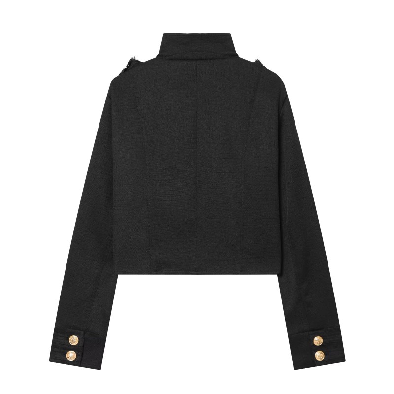 Veste Courte Femme - Manteau Court à Col Montant et Boutons Dorés Croisés, Nouvelle Collection 2026 Coupe Slim Chic
