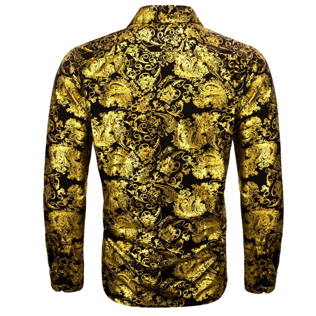 InjShirts de Luxe à Manches sulfpour Homme, Broderie Florale Noire et Dorée, Coupe Ajustée Régulière, Revers