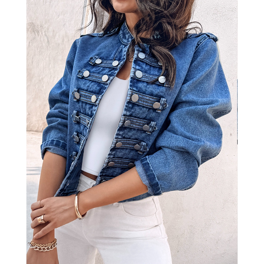 Automne femmes col montant à manches longues bouton avant manteau décontracté printemps Denim vestes Femme décontracté asymétrique ourlet manteaux