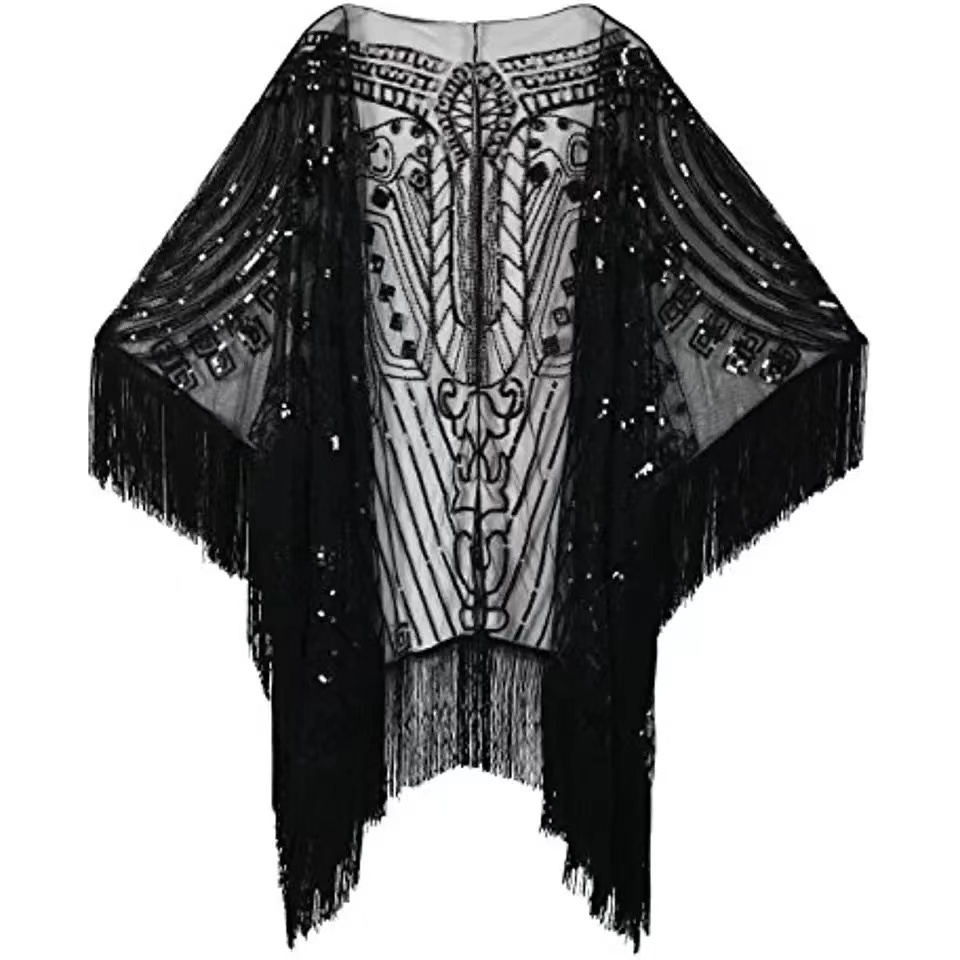 Châles et enveloppes pour robes de soirée pour femmes, robe à paillettes respirantes, cape de mariage perlée à franges, cosplay des années 1920, 303