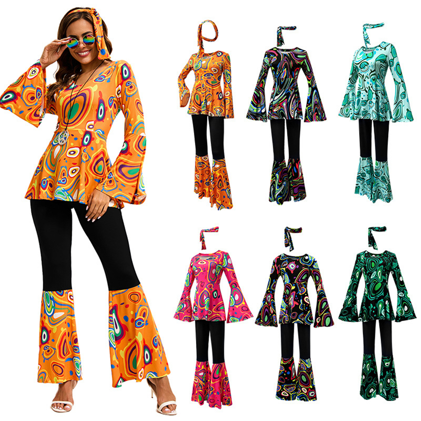 Tenues pour femmes des années 60 et 70, ensemble de costumes hippies, robe disco, pantalon évasé bohème, chemise hippie, bandeau