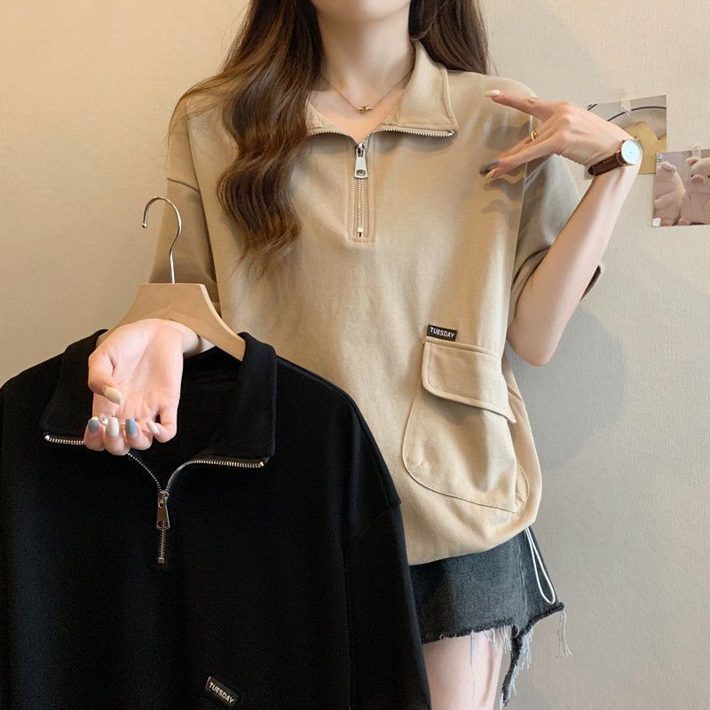 Vêtements pour femmes de grande taille, t-shirt à manches courtes, couleur unie, décontracté et fin, polyvalent, avec fermeture éclair, nouvelle collection printemps et été