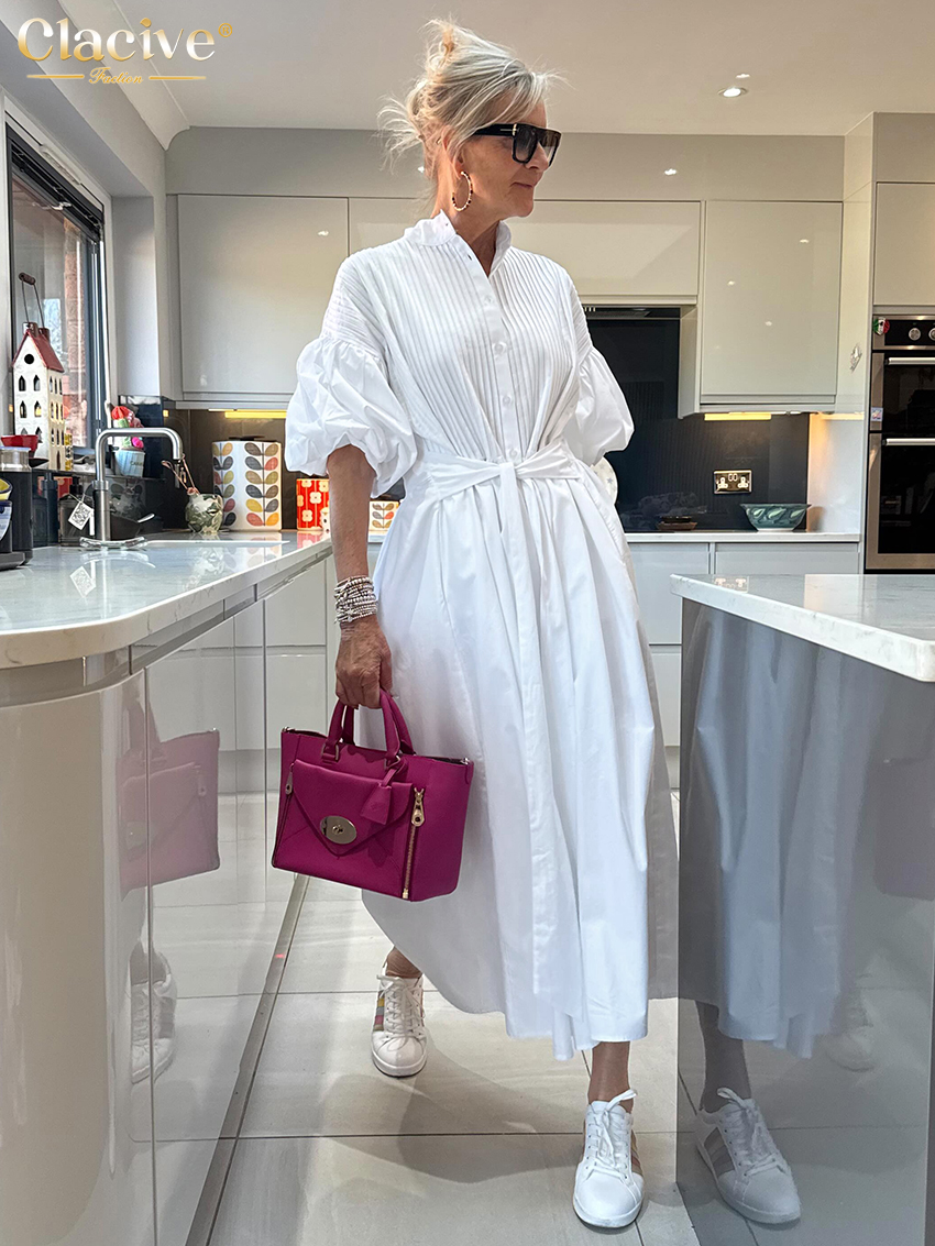 Robe décontractée en coton blanc ample pour femme Clacive Fashion, col montant, manches mi-longues, robes midi élégantes, robe classique à lacets pour femme