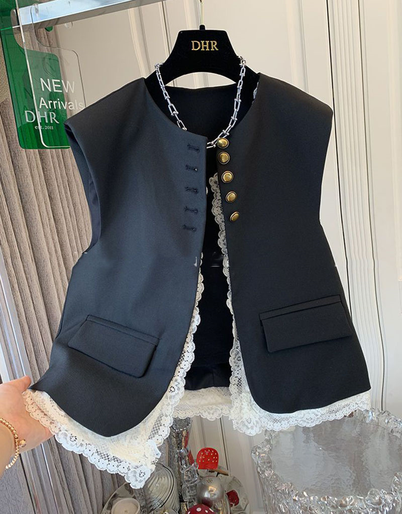 Femmes dentelle Patchwork gilet coréen col rond décontracté sans manches vestes 2025 femme gilet ample Vintage Chic hauts femmes vêtements