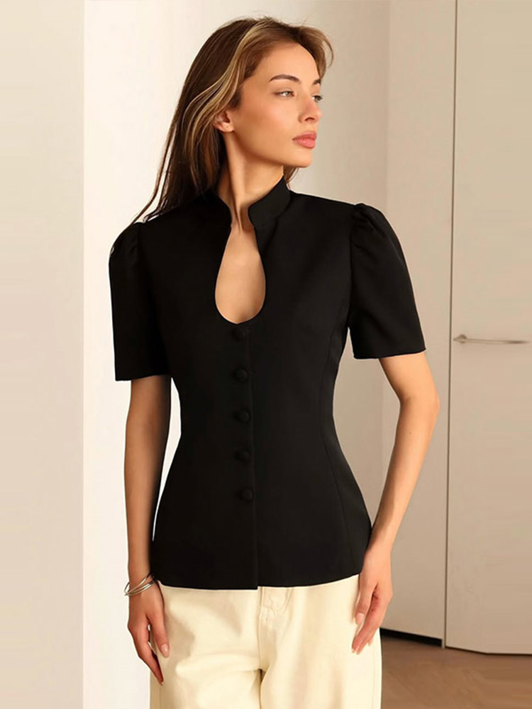 Mode Cape col femmes Blouse élégant col montant sans manches Peplum ourlet mince hauts 2026 printemps Chic dame haut Partywear rue