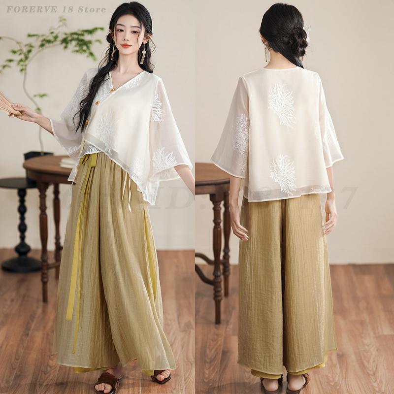 Vêtements de style ethnique chinois pour femmes, olympiques élégants, ensemble de thé du Vermont, chemise à manches courtes, Hanfu traditionnel vintage, printemps et été