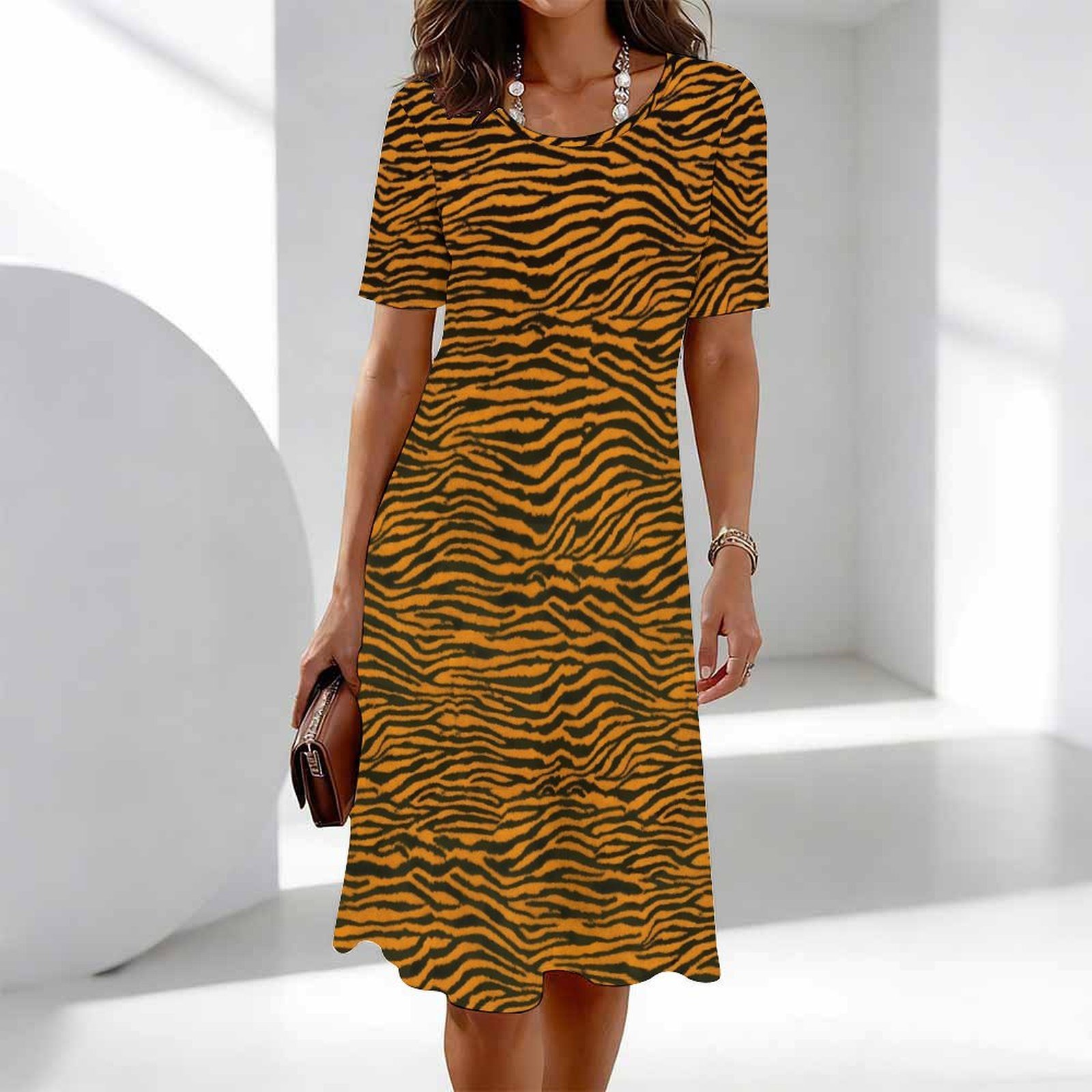 Robe midi classique pour femme à imprimé léopard, manches courtes, col rond, coupe ample, décontractée, style A, pour tous les jours