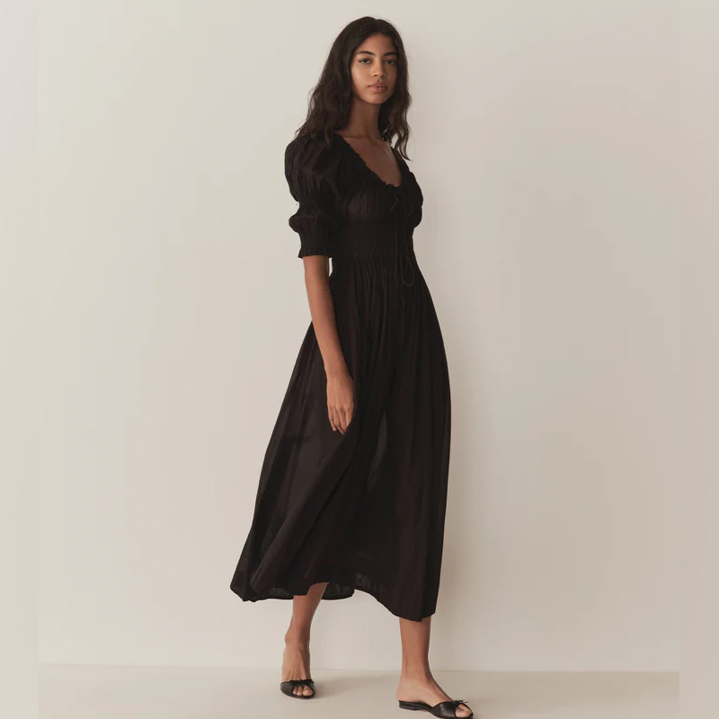 Robe midi smockée DOEN pour femmes, élégante, style cottagecore, manches bouffantes, plissée, longue, vintage française, épaules dénudées, maxi vestidos