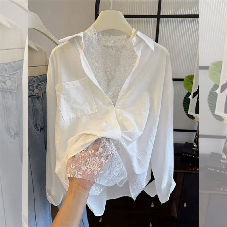 Ensemble deux pièces pour femme : Blouse unie sans manches en dentelle et chemise à manches longues à col rabattu et poches, simple boutonnage, Printemps 2026
