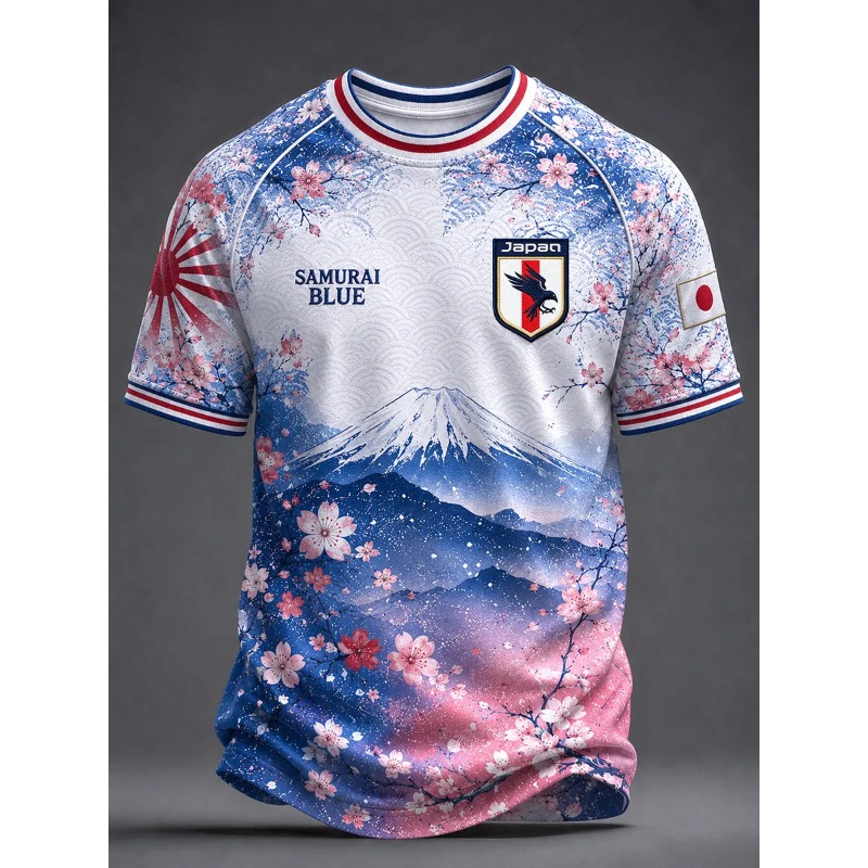 Maillot de football 3D unisexe, imprimé bleu Japon, motif fleur de cerisier et drapeau du Mont Fuji, manches courtes, pour supporter de football, idéal pour les matchs et la vie quotidienne.