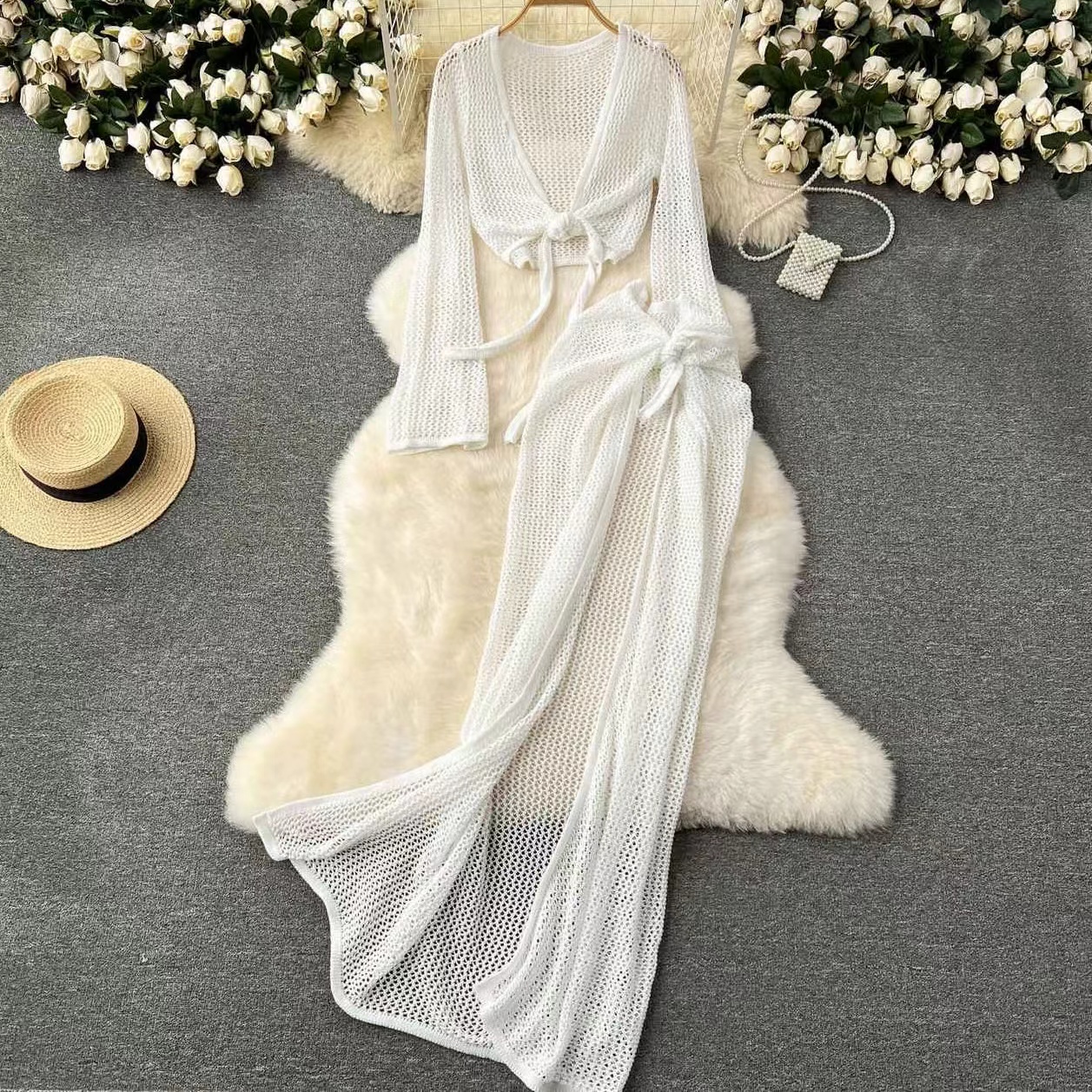 Jupe tricotée transparente à manches longues pour femmes, haut une pièce, vêtements de plage, couverture de bikini de vacances, blouse de protection solaire, bain de soleil