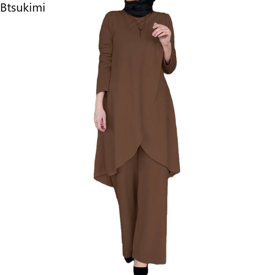 Ensembles musulmans pour femmes, chemisier asymétrique à la mode avec pantalon à jambes larges, costumes décontractés, dubaï, turquie, ensembles assortis, tenues pour dames, 2026