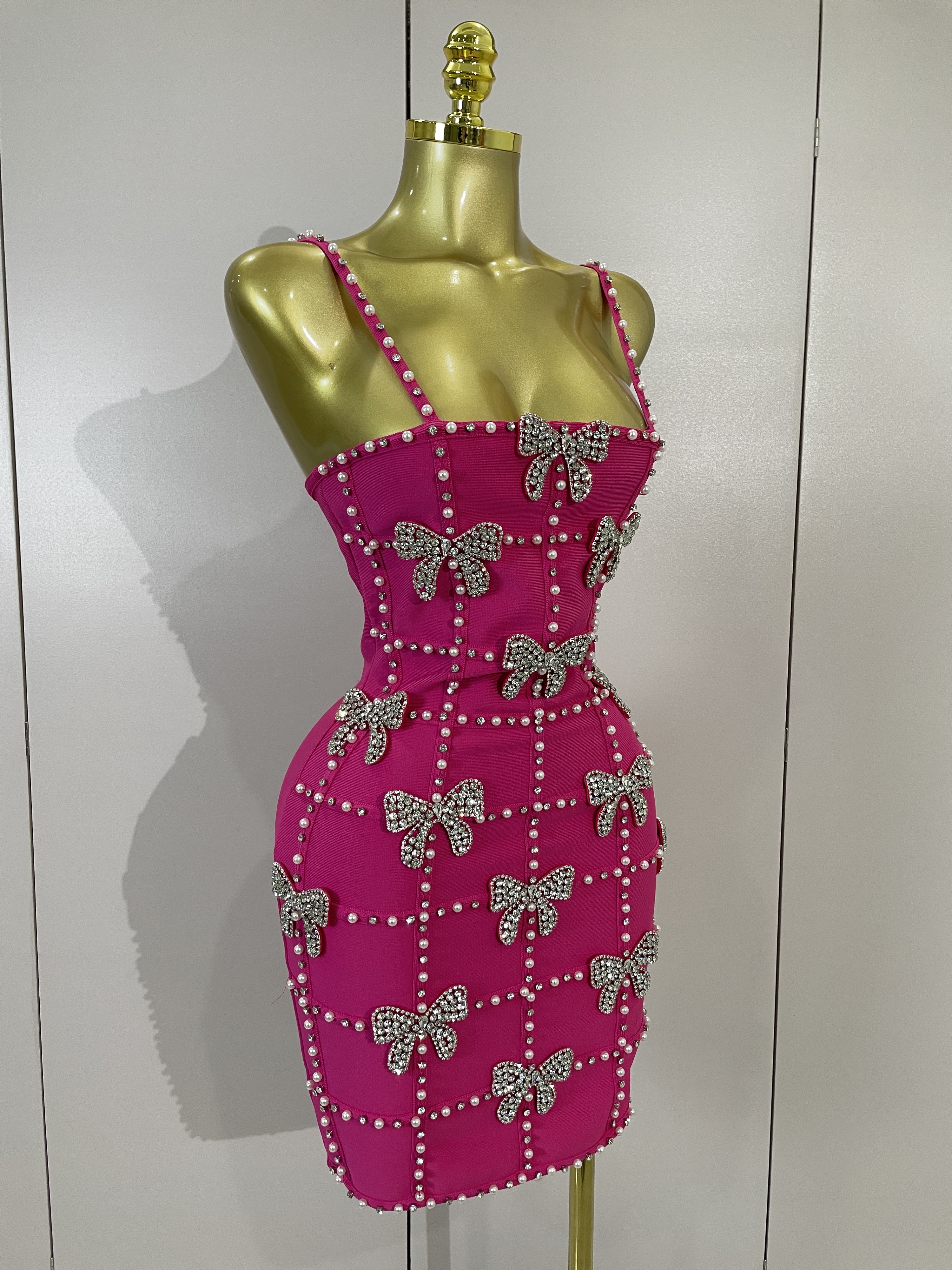 Robes Mini Tricotées Élégantes et Luxueuses pour Femmes, avec Nœuds, Diamants et Perles, pour Soirées et Clubs, Robes Moulantes Sexy à Bretelles Fines
