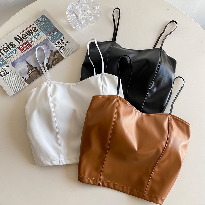 Sexy ventre nu en cuir PU licou culture hauts femmes avec soutien-gorge Pad Spaghetti sangle débardeur Camis femme sans manches recadrée gilet