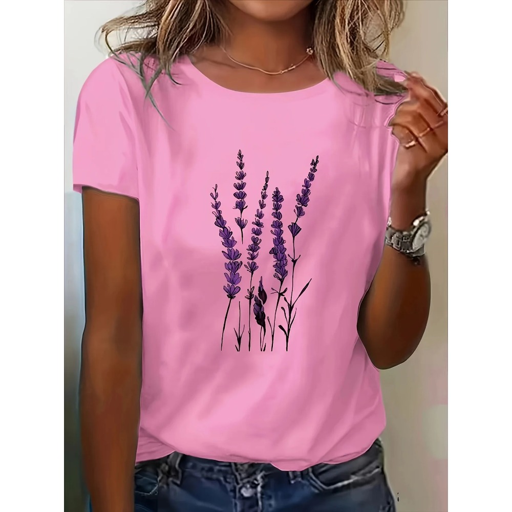 T-shirt décontracté pour femmes à imprimé floral lavande, style coréen, col rond, manches courtes, chemisier lavande, motif floral abstrait
