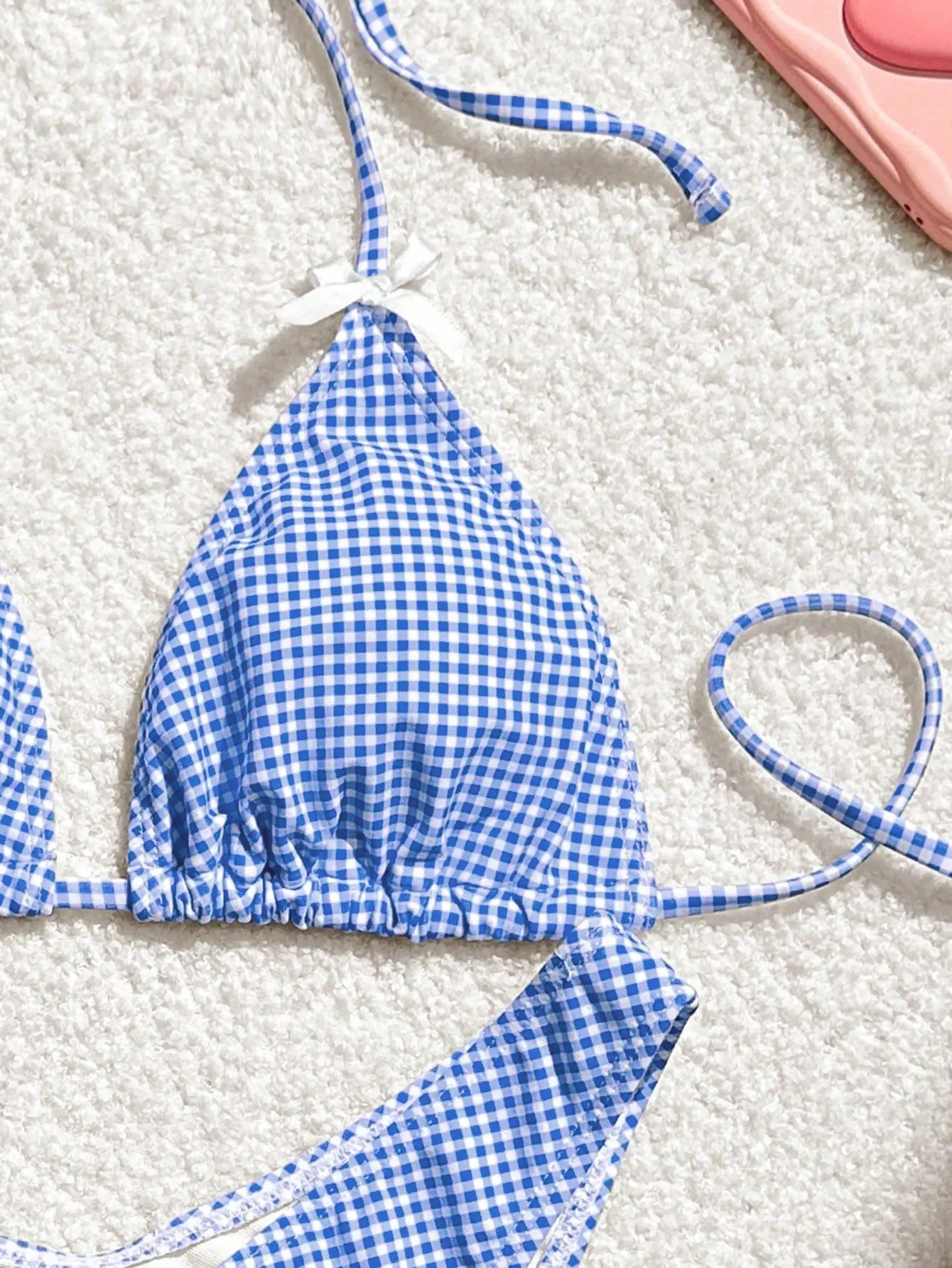 Maillot de bain deux pièces à imprimé écossais bleu pour femme, ensemble bikini sexy à nœud et bretelles, dos nu, taille haute, string, pour la plage 2027