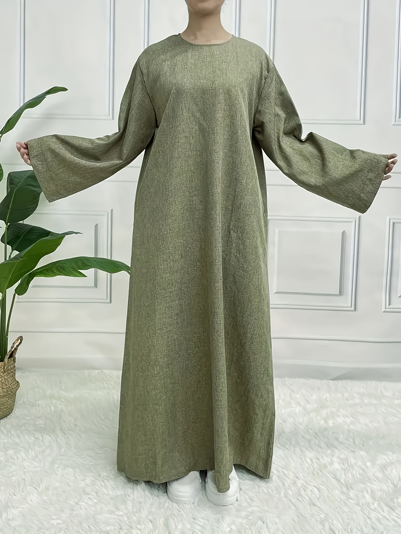 Robe longue kaftan décontractée et élégante pour femmes, col rond, manches longues, couleur unie, taille ample, pour le Ramadan