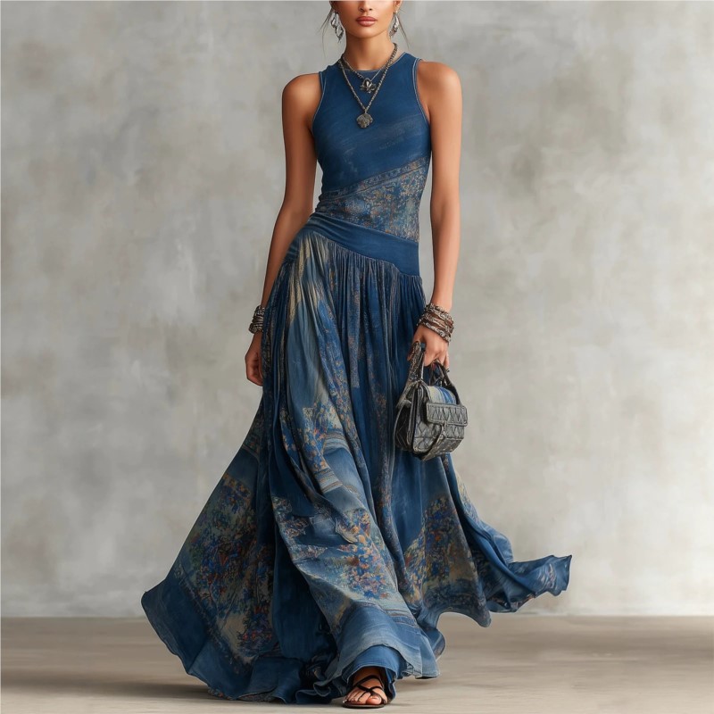 Robe longue décontractée bohème à imprimé numérique pour femme, été 2026, col rond, sans manches, épaules dénudées, style débardeur, pour la plage et les vacances