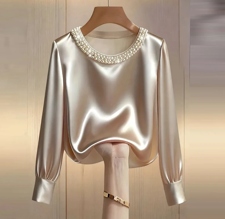 Chemisier en satin élégant pour femme, printemps-automne, avec perles, manches longues, en soie, col rond, coupe ample, hauts tendance