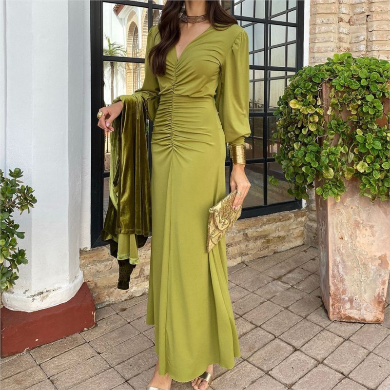 Femmes robe longue élégante moulante enveloppé noeud solide col en v à manches longues soirée Cocktail robes formelles pour les femmes