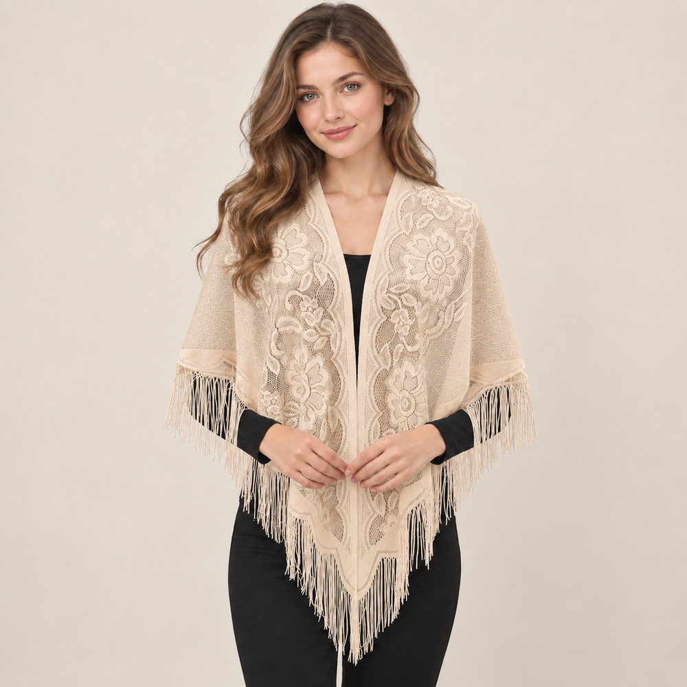Châle triangulaire en dentelle florale pour femme, élégant, à franges, léger, voile transparent, couvre-épaules pour mariage, soirée et fête