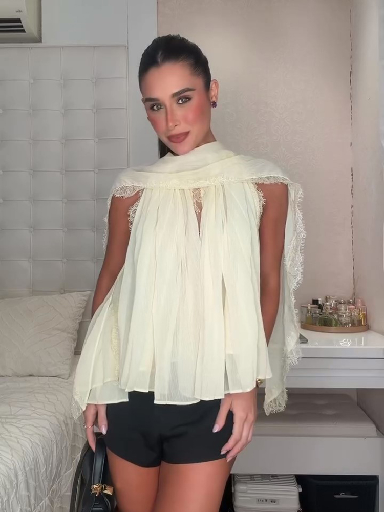    Chemisier élégant en mousseline de soie avec ruban, haut sans manches en dentelle patchwork pour femme, nouvelle collection printemps-été 2026, chemisier polyvalent pour femme