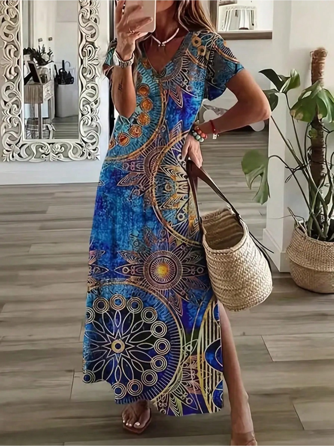 Robe longue bohème d'été décontractée et élégante à imprimé large, col en V fendu, manches courtes