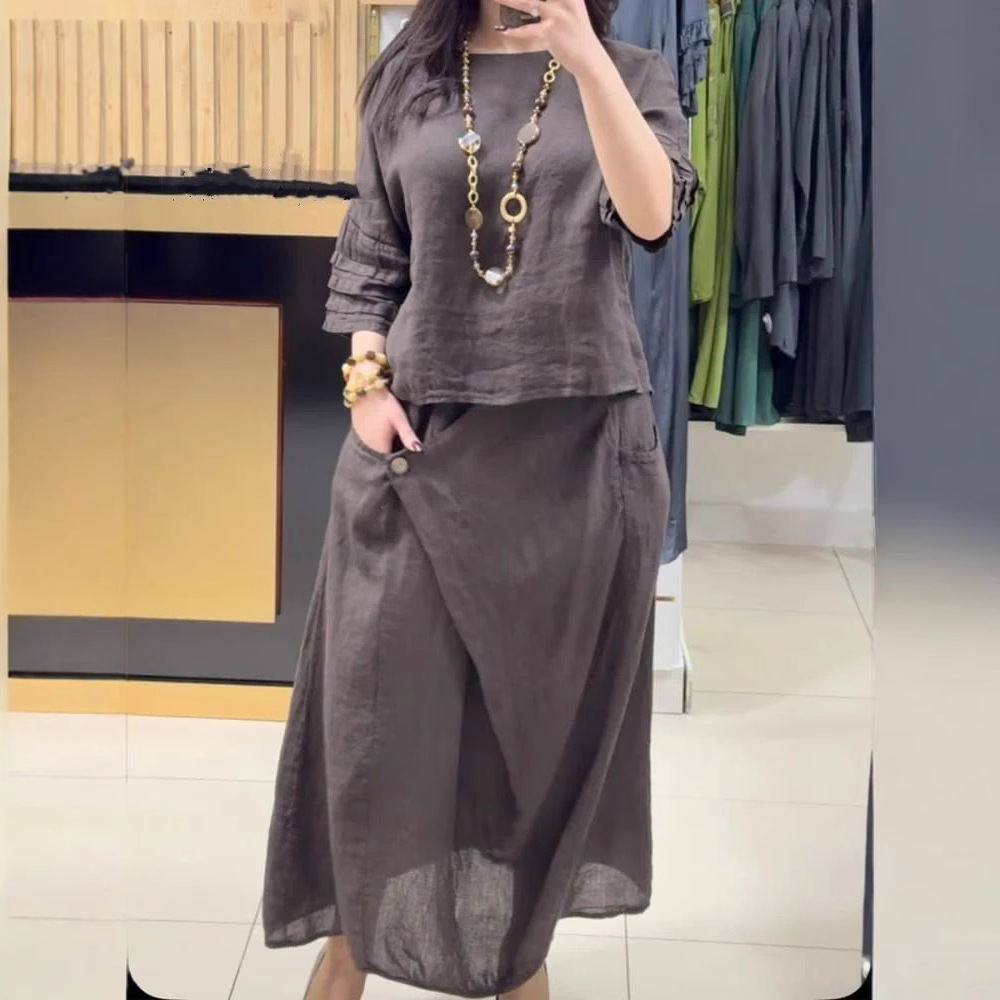 Ensemble jupe deux pièces pour femmes, hauts amples et solides, pull-over, chemise, costumes, poches décontractées, jupes chics, taille haute, Streetwear, tenues d'été