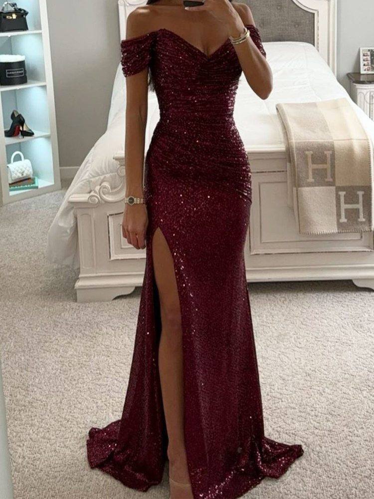 Robe longue à paillettes pour femmes, robe de soirée sexy pour dames, robe de Rhà col slash, robe haute fendue, robe éducative, mode élégante, hors initié