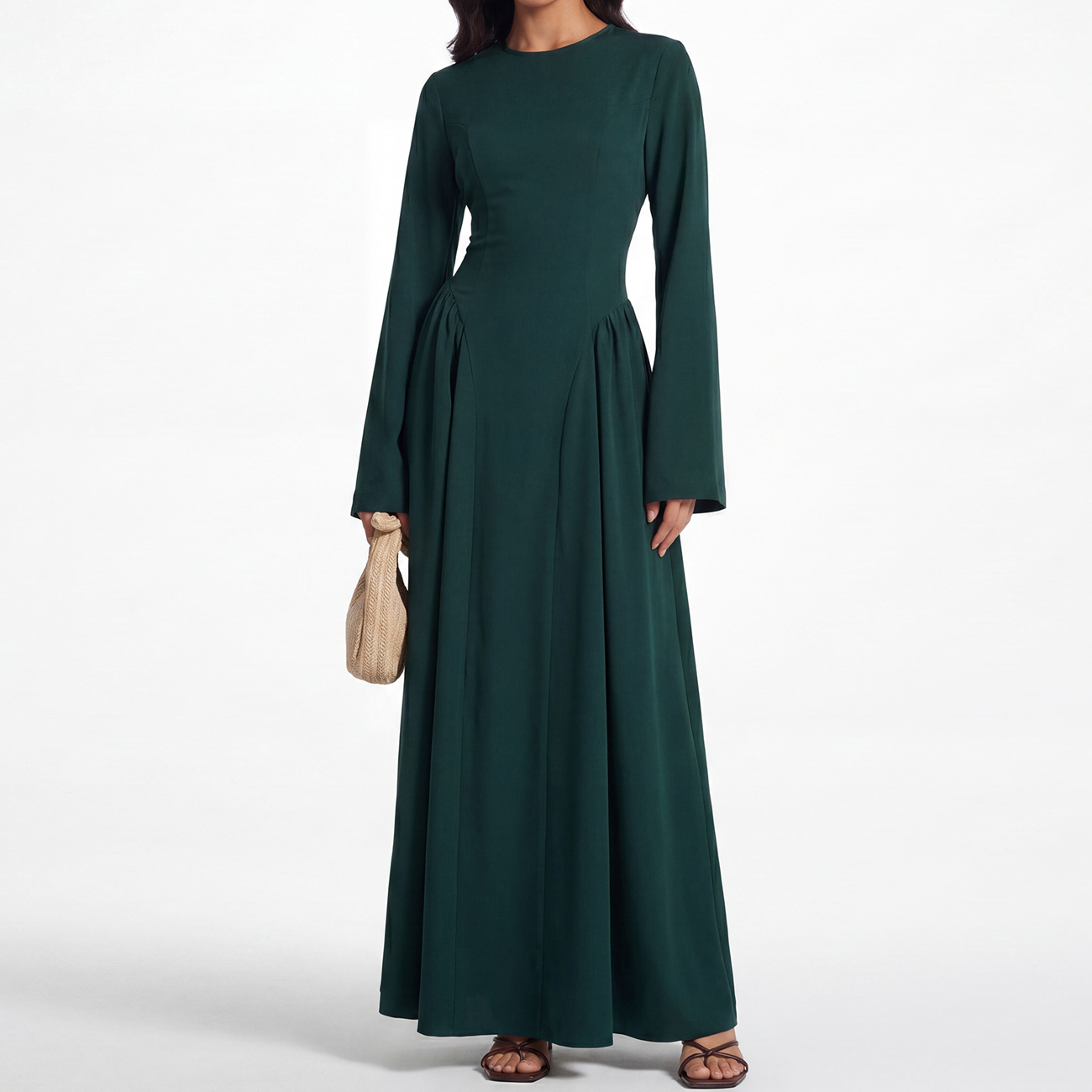 Robe Abaya Musulmane Modeste d'Été à Lacets au Dos et Fronces Latérales, Coupe Ajustée, Manches Longues Évasées, Robe Hijabi Élégante, Vêtement Islamique
