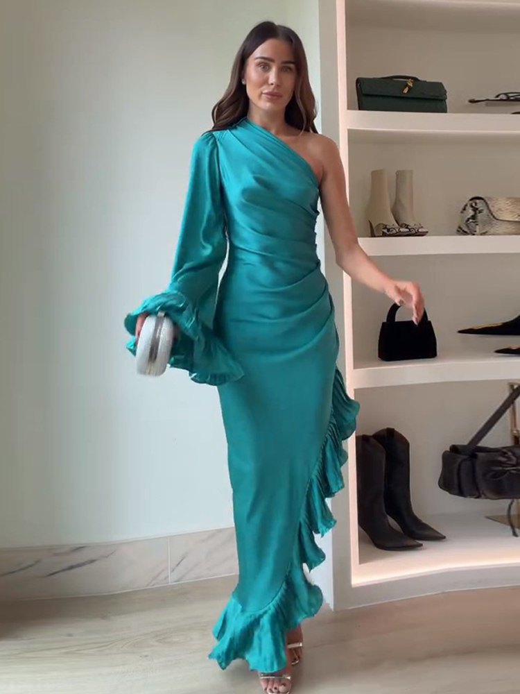 Robes pour femmes robe de soirée élégante en Satin une épaule à volants robe mi-longue Sexy élégante robe formelle femme vêtements nouveaux vêtements d'extérieur