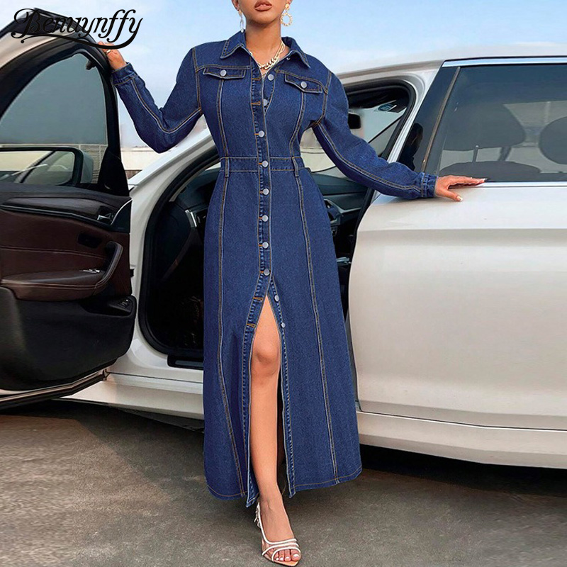 Benuynffy grande taille Vintage lavé Denim robe longue femmes automne 2025 nouveau simple boutonnage à manches longues rue Jean robes