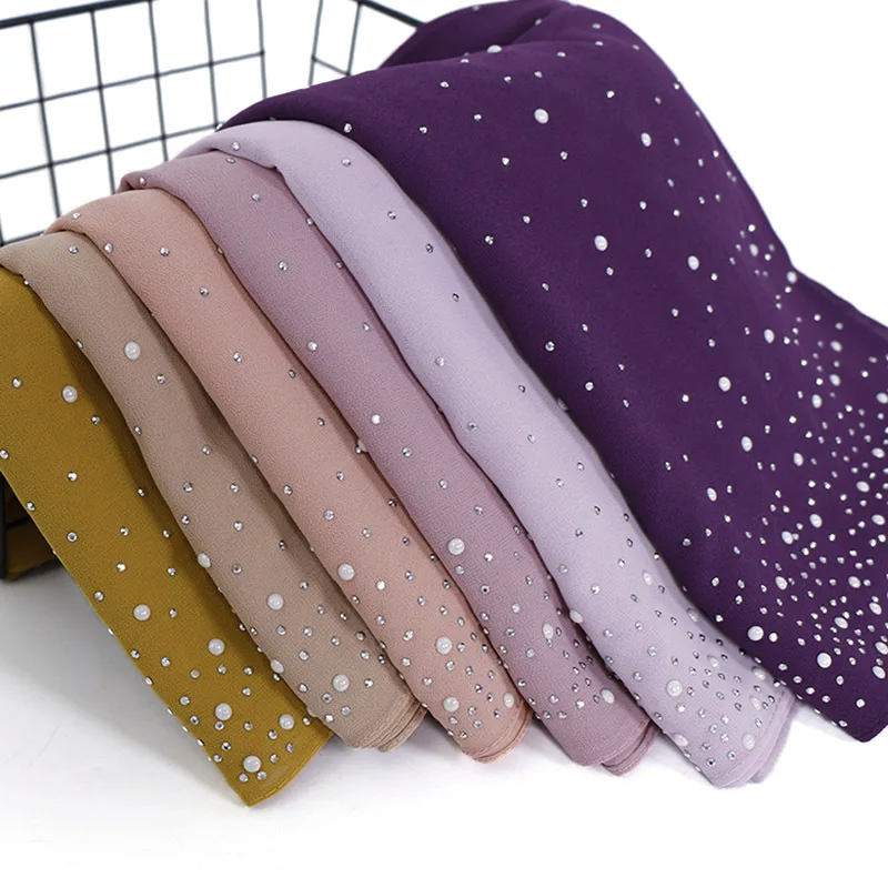 180*70CM nouvelles perles de diamant unies bulle en mousseline de soie châles Hijab instantanés solide épais bandeau Foulard Sjaal Bonnet musulman Cachecol