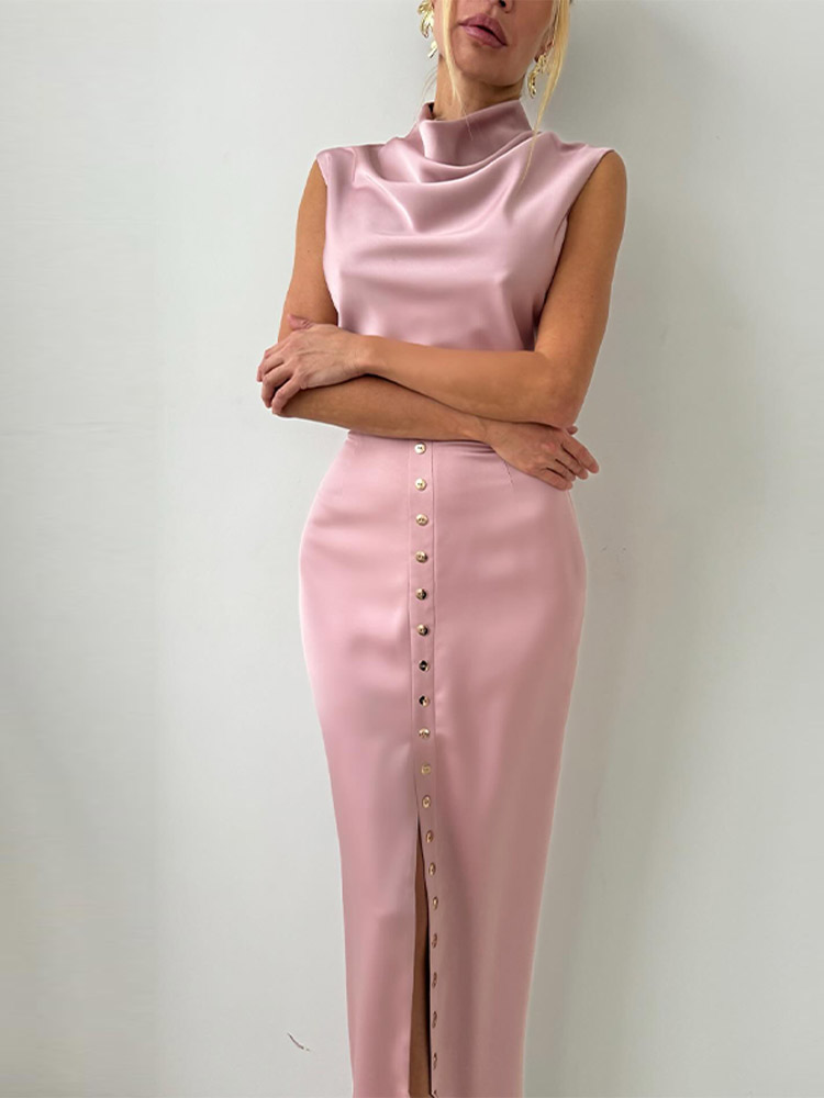 Ensembles élégants de jupes longues en satin pour femmes, col montant, sans manches, taille haute, fendues, coupe droite, tenues de soirée, nouvelle collection printemps 2026