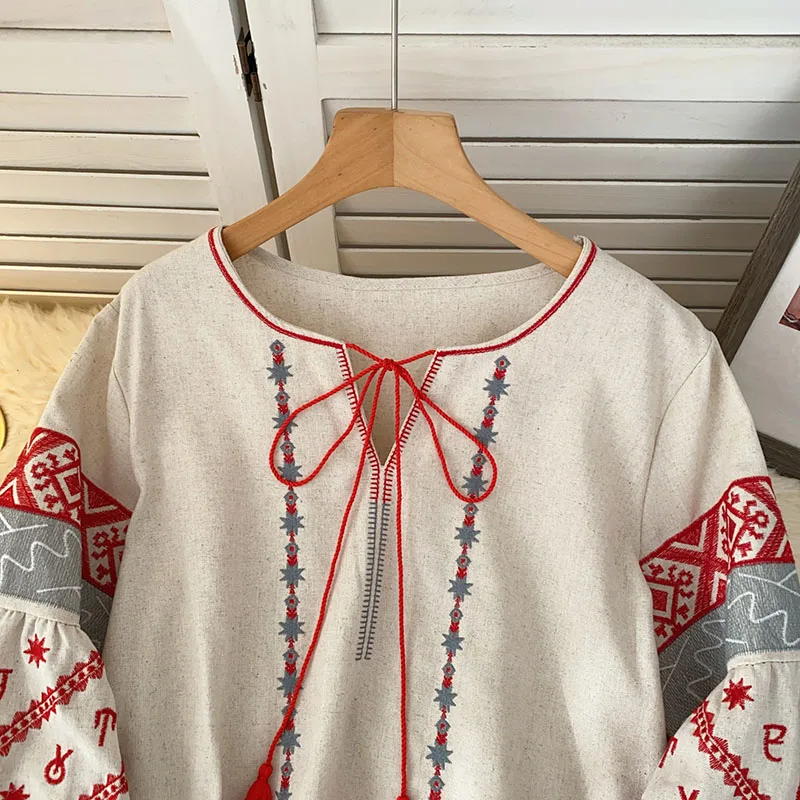 Nouvelle Blouse Bohème Brodé pour Femme, Col en V, Nœud Papillon, Manches Lanterne, Printemps-Automne, Blusas Mujer, Hauts Féminins BL021