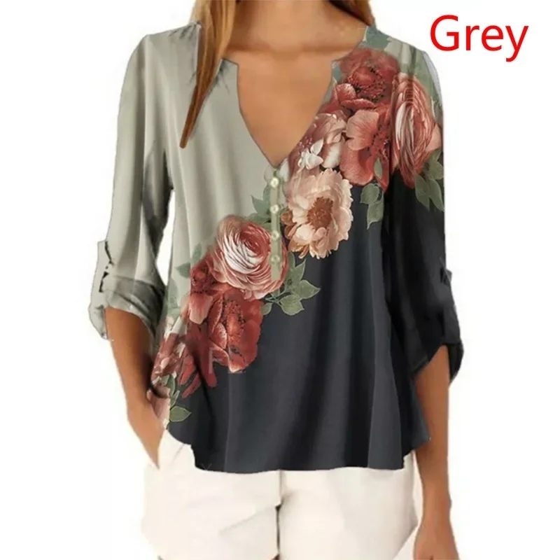 Nouveau été femmes vêtements femmes décontracté adt T-h343 mode imprimé floral avant 3/4 manches Y-V-cou pull chemises pour S-5XL