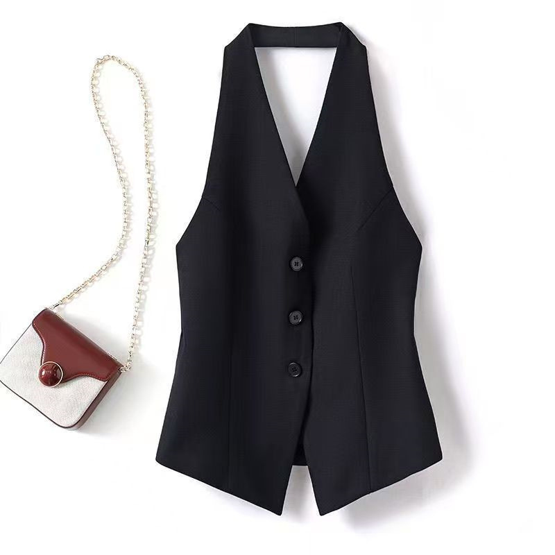 Gilet de costume pour femme, court, col licou, noir, sans manches, dos nu, boutonné, chic et élégant