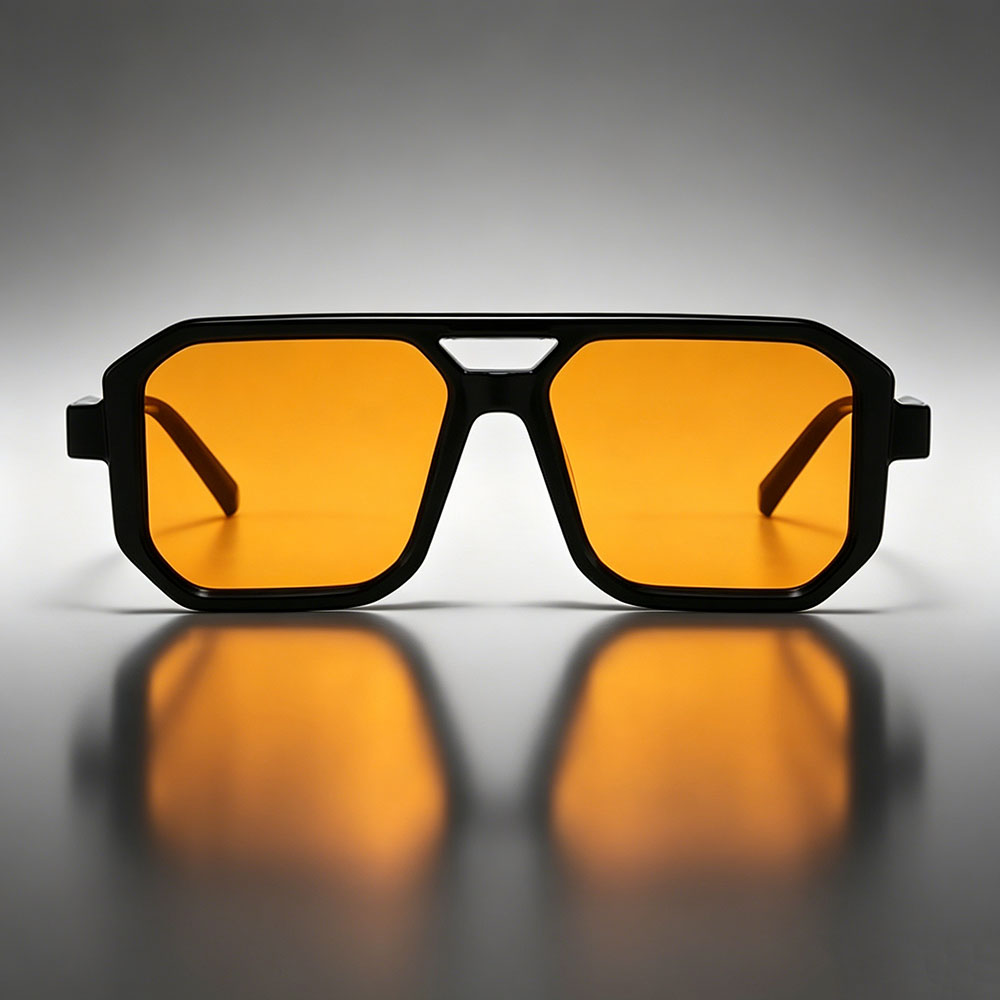 Lunettes de soleil carrées à double pont pour hommes, monture noire rétro, verres teintés orange, protection UV400, mode, plage, conduite, unisexe