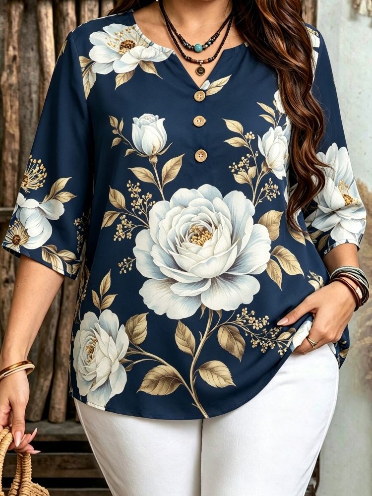 Chemisier Femme Vintage à Motif Floral Pivoine Col V Coupe Ample Décontracté Imprimé Fleurs Quotidien Vêtements Femme
