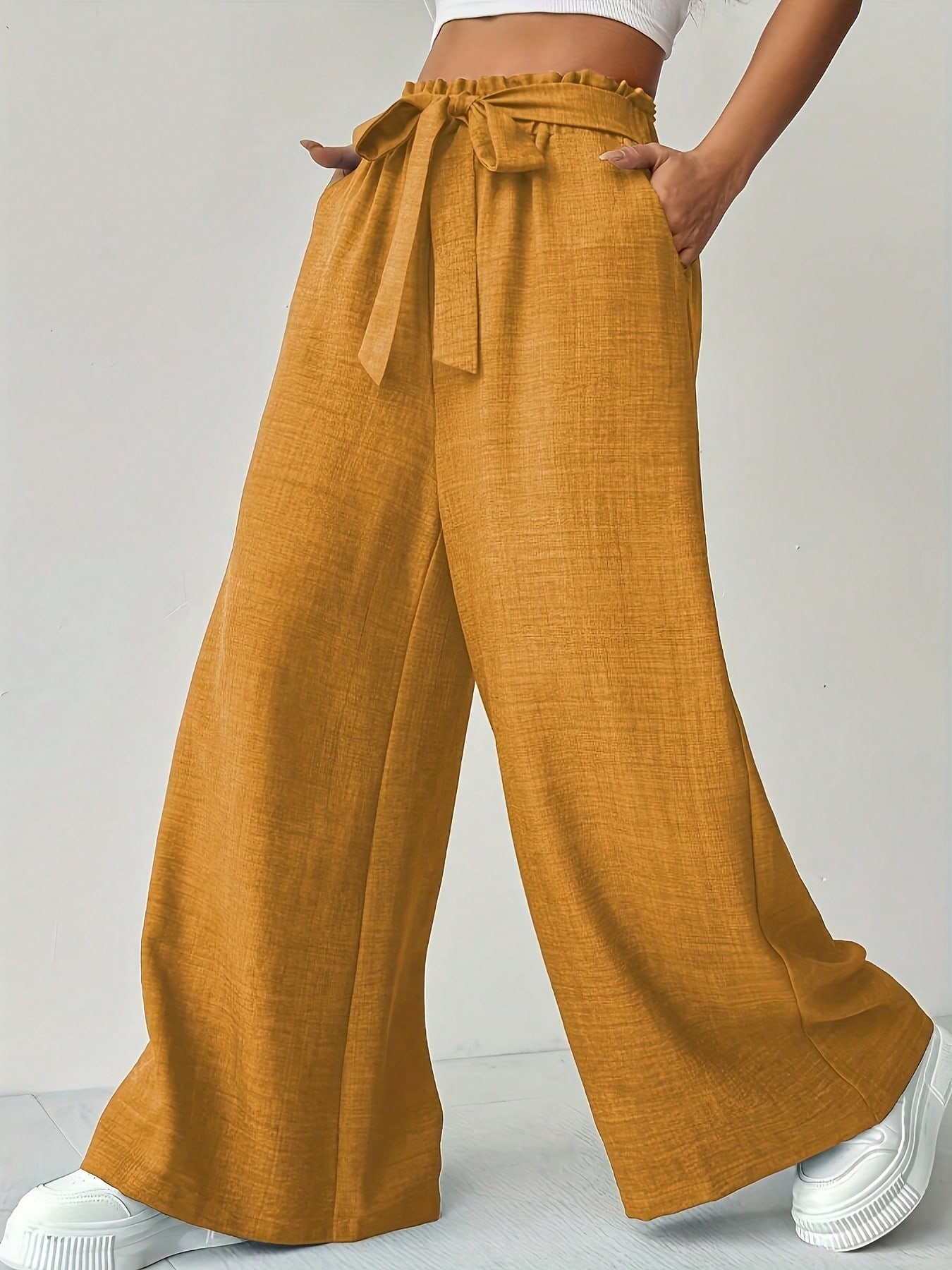 Tendance, confortable, polyvalent, pantalon d’été à taille haute et coupe ajustée, pantalon ample de couleur unie, pantalon long, vêtements pour femmes.