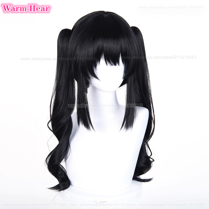 Jeu Kurobe Nanoka longue 50 cm noir Double queue de cheval cheveux bouclés Cosplay perruque résistant à la chaleur cheveux synthétiques Halloween fête perruques